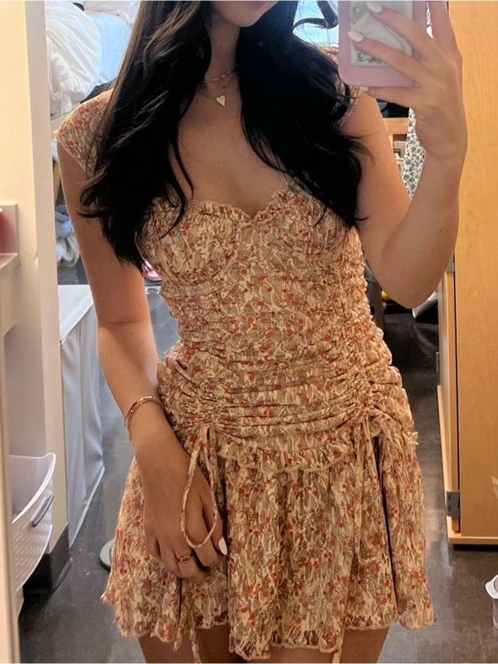 MAJORELLE Lace-Over Floral Mini Dress in Cream and Coral